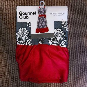 New Gourmet Club Hostess Apron Gray/White/Red Floral